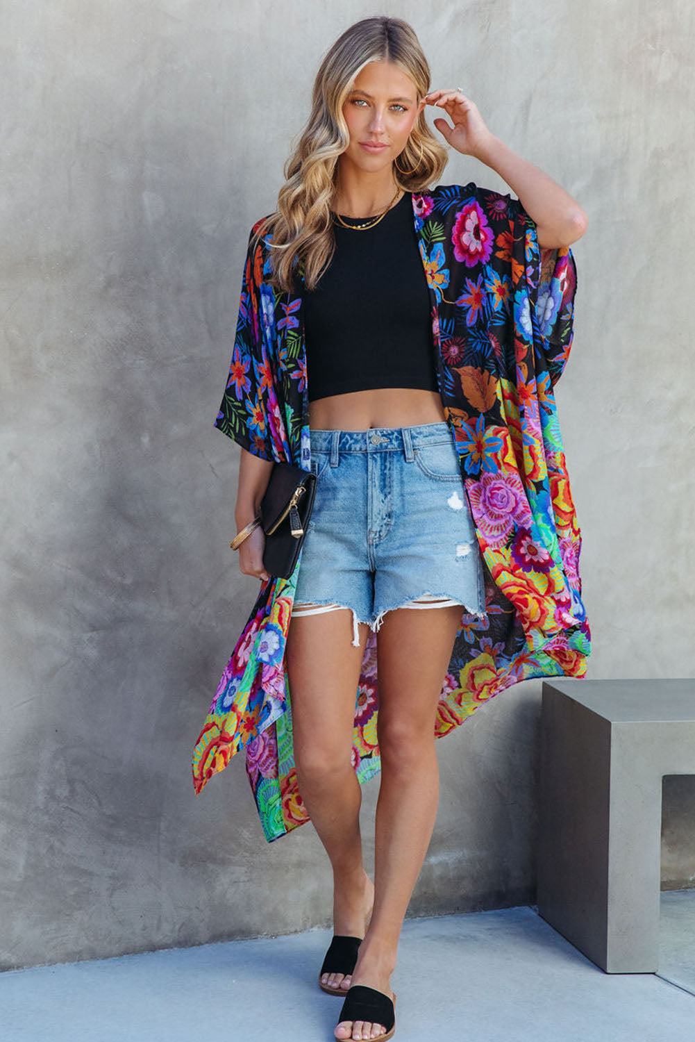 Multicolor Bohemian Floral Print Half Sleeve Open Front Kimono