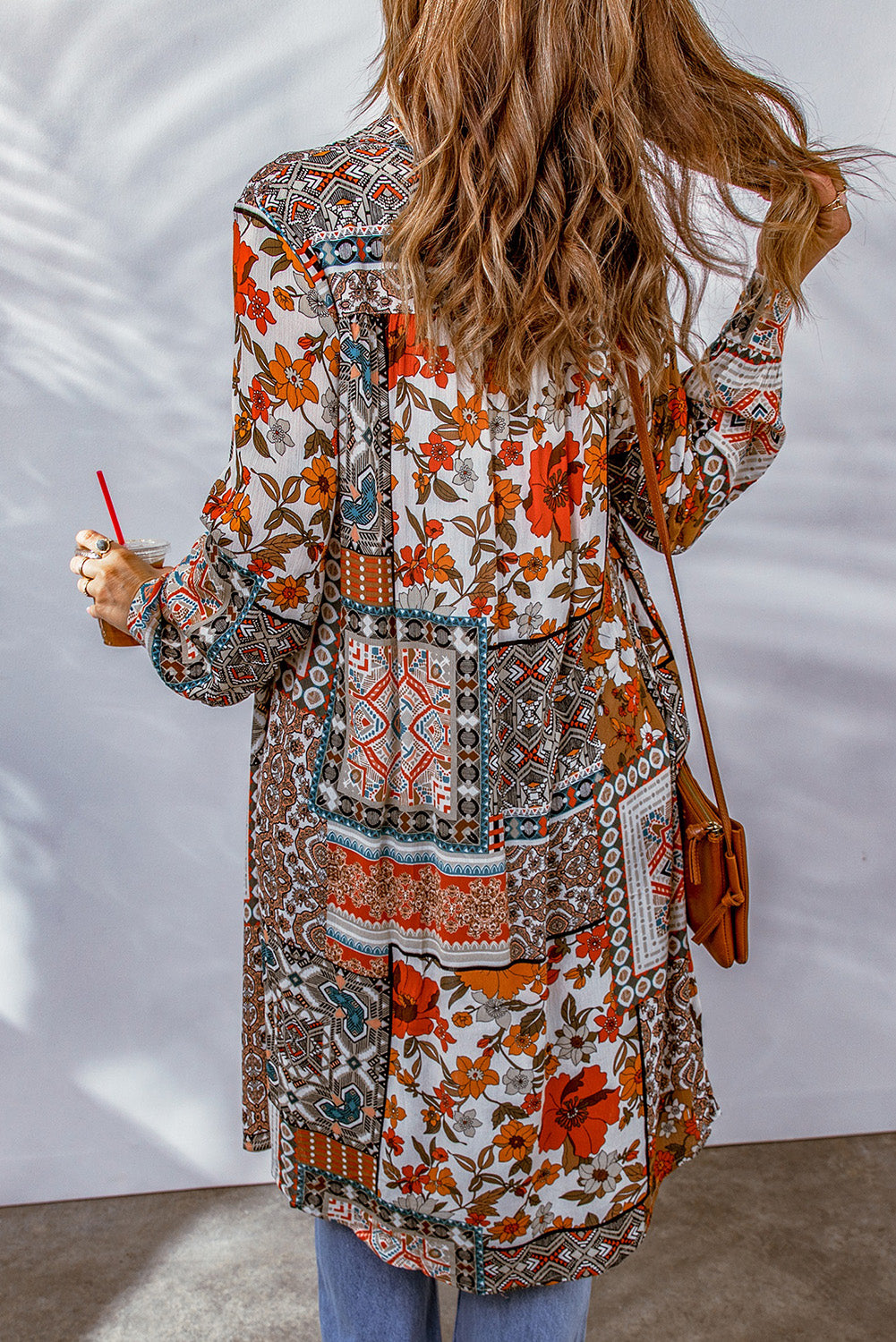 Multicolor Boho Patchwork Print Flowy Long Sleeve Kimono