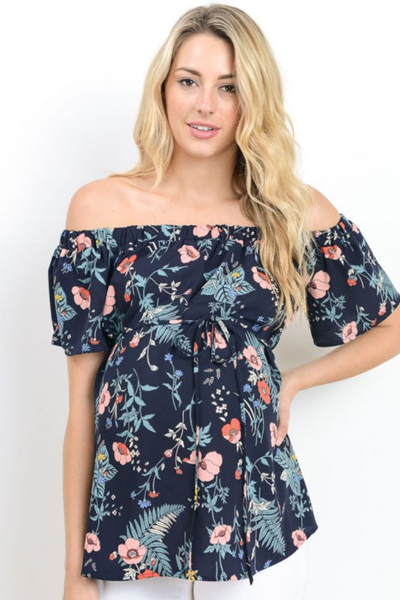 Off-neck Loose Lace-up Short Sleeve Printed Maternity Top