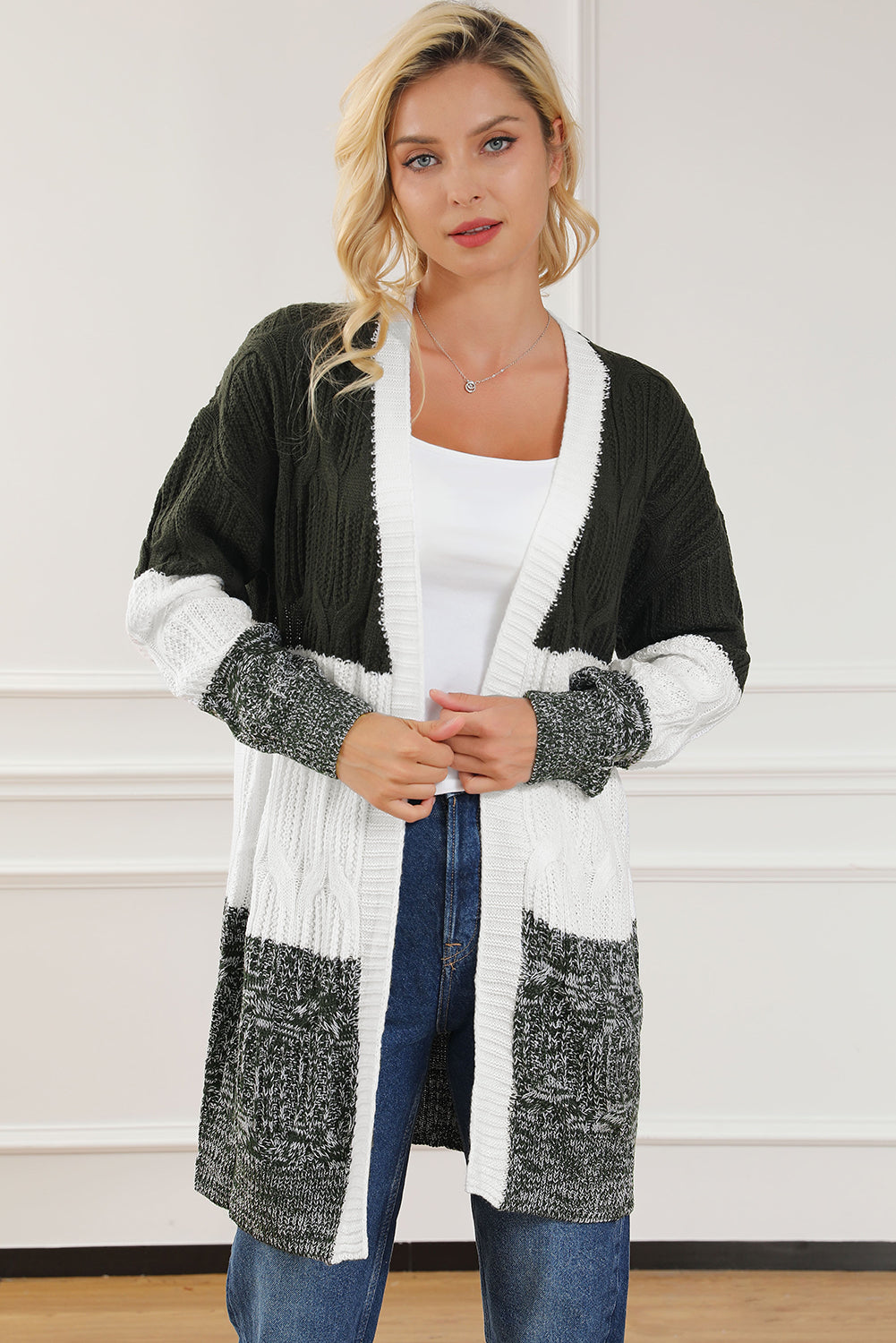 Multicolour Colorblock Textured Cable Knit Open Front Cardigan