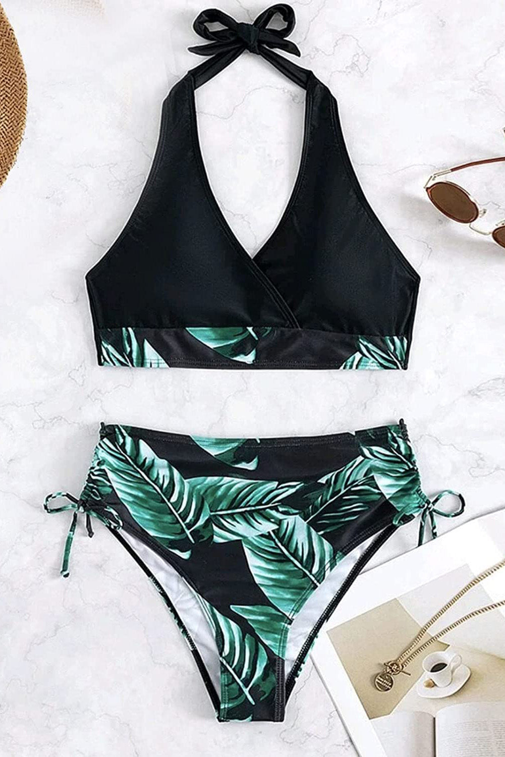 Palm Leaf Printed Wrapped V-Neck Bikini Set