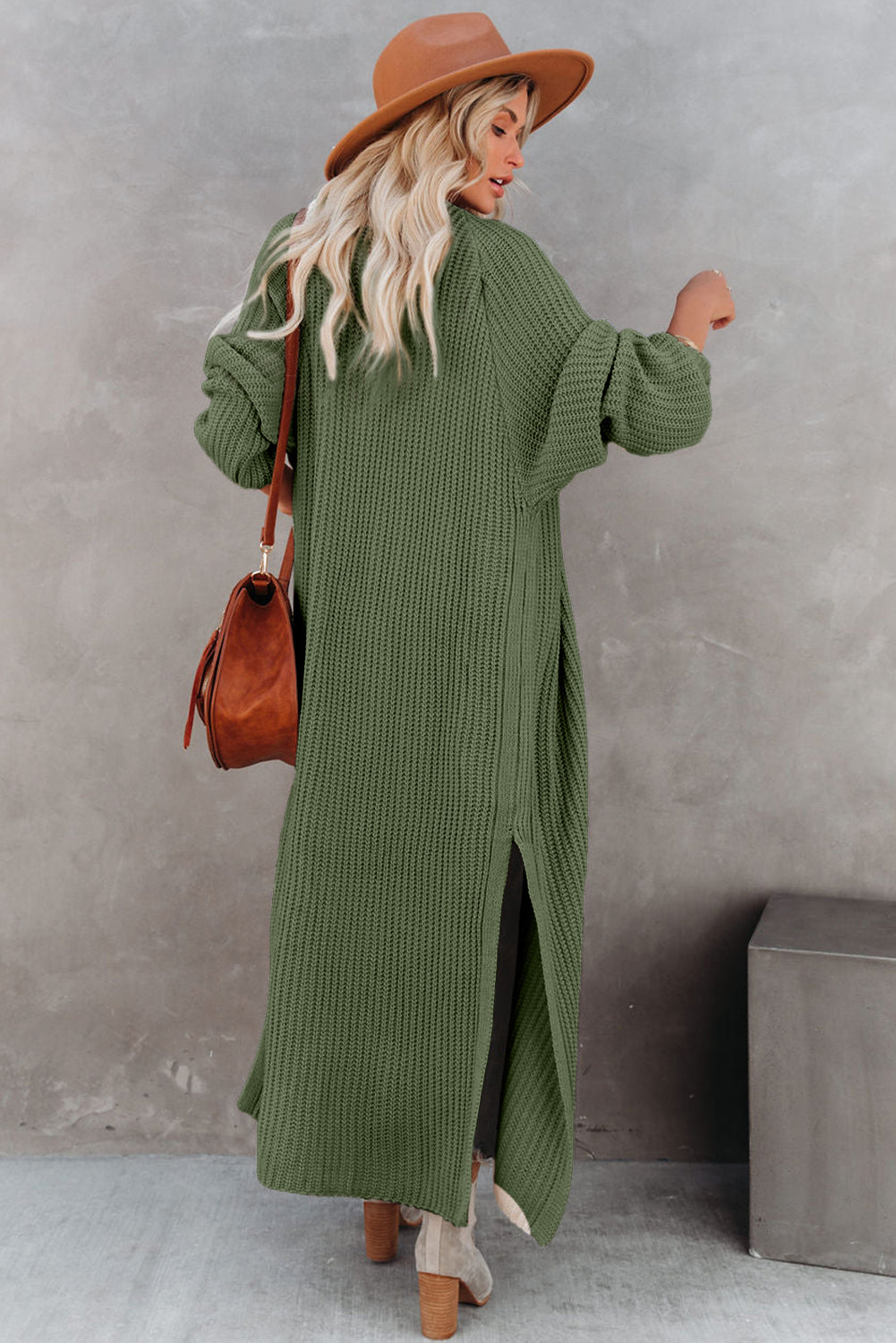 Green Open Front Side Slit Duster Knit Cardigan