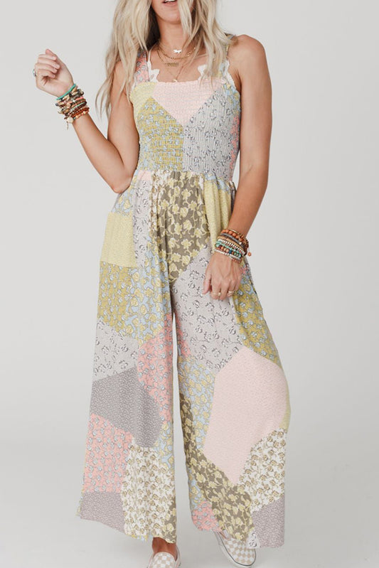 Multicolor Irregular Patchwork Print Smocked Wide Leg Jumpsuit