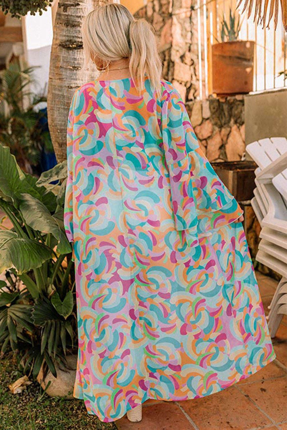 Multicolor Printed Double Layered Bell Sleeve Long Flowy Cardigan