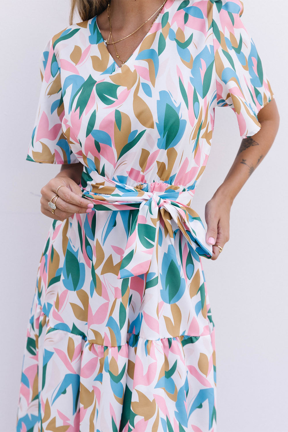 Multicolor V Neck Short Sleeves Boho Tropical Print Long Dress