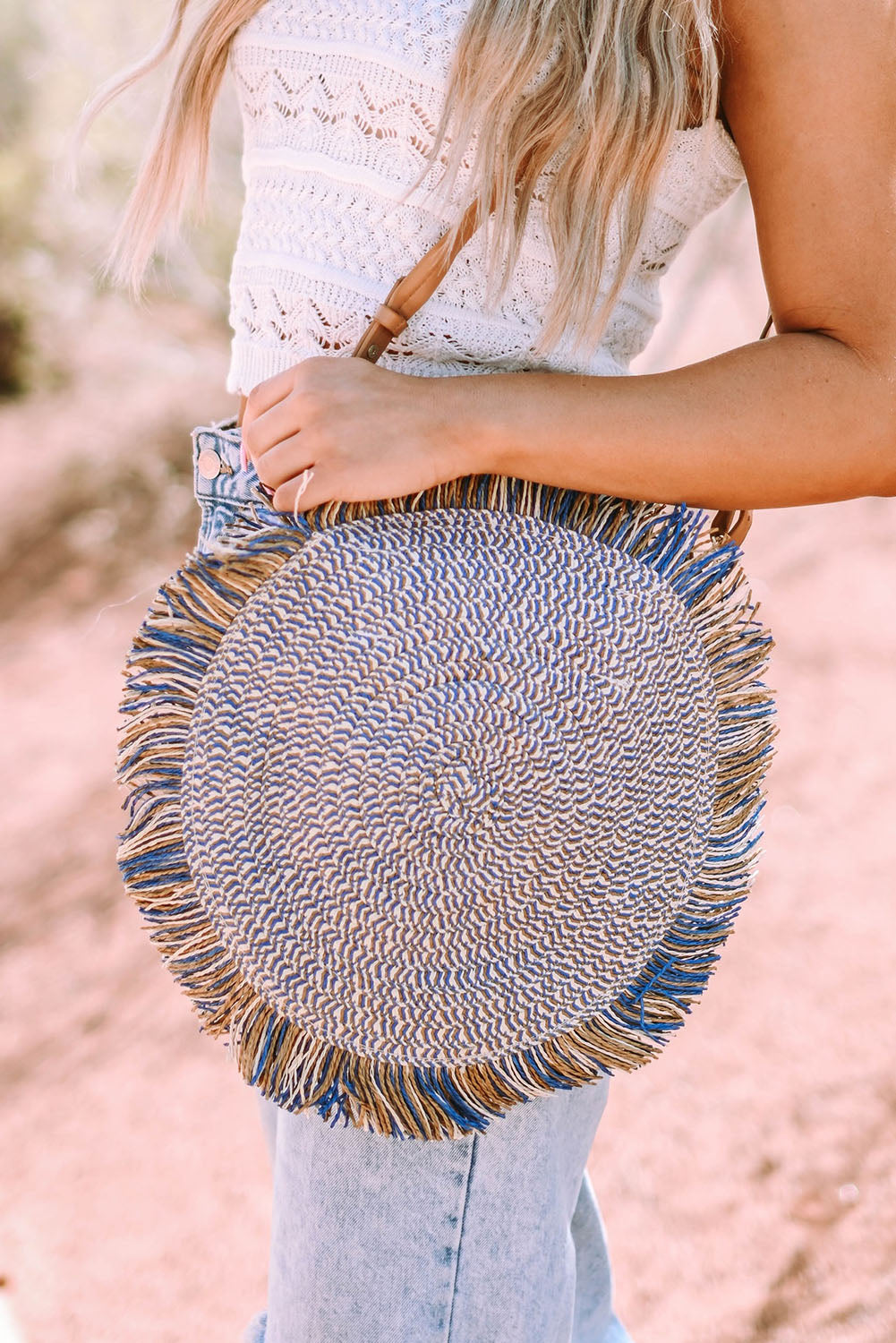 Retro Straw Woven Fringed Round Shoulder Bag