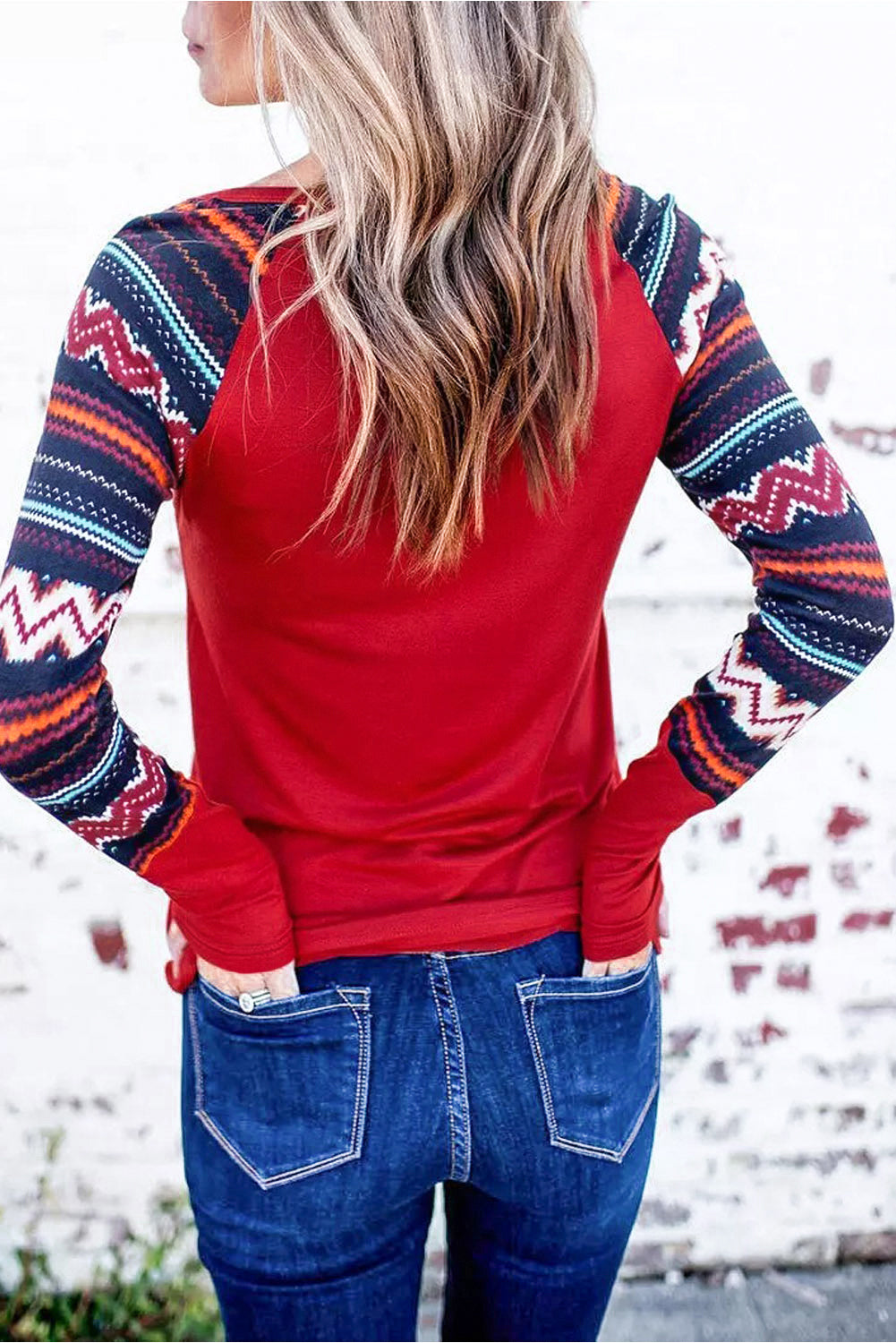 Raglan Sleeve Aztec Geometric Patchwork Top with Pocket