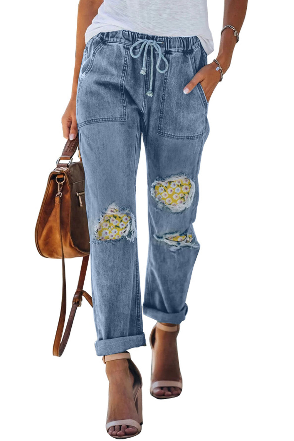Drawstring High Waist Daisy Patches Straight Leg Jeans