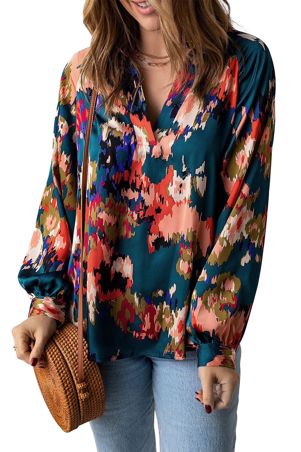 Graffiti Printed V Neck Puff Sleeve Blouse