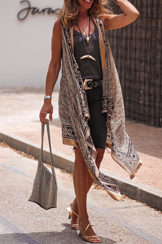 Khaki Western Fashion Print Sleeveless Kimono