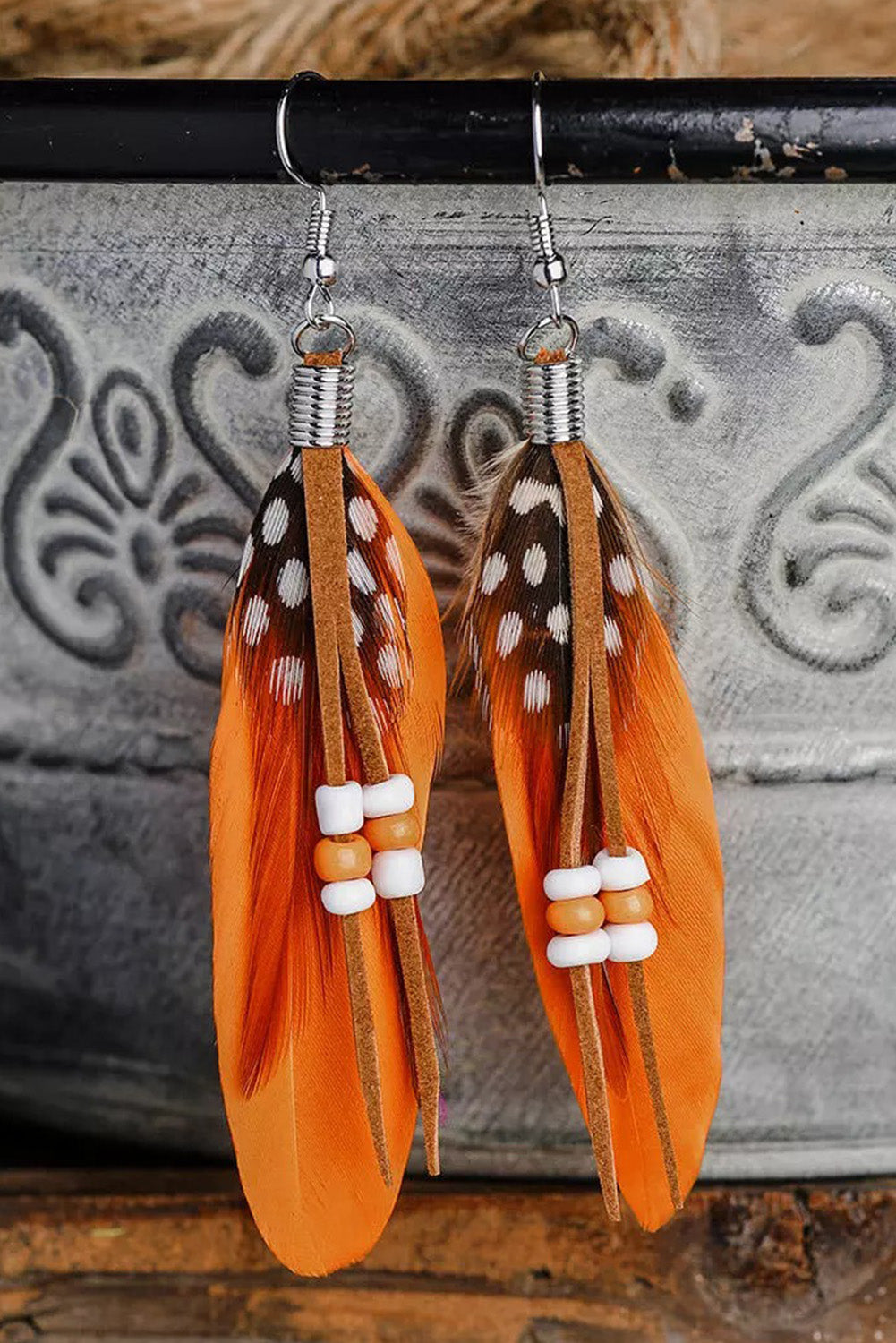 Rice Bead Long Peacock Feather Earrings