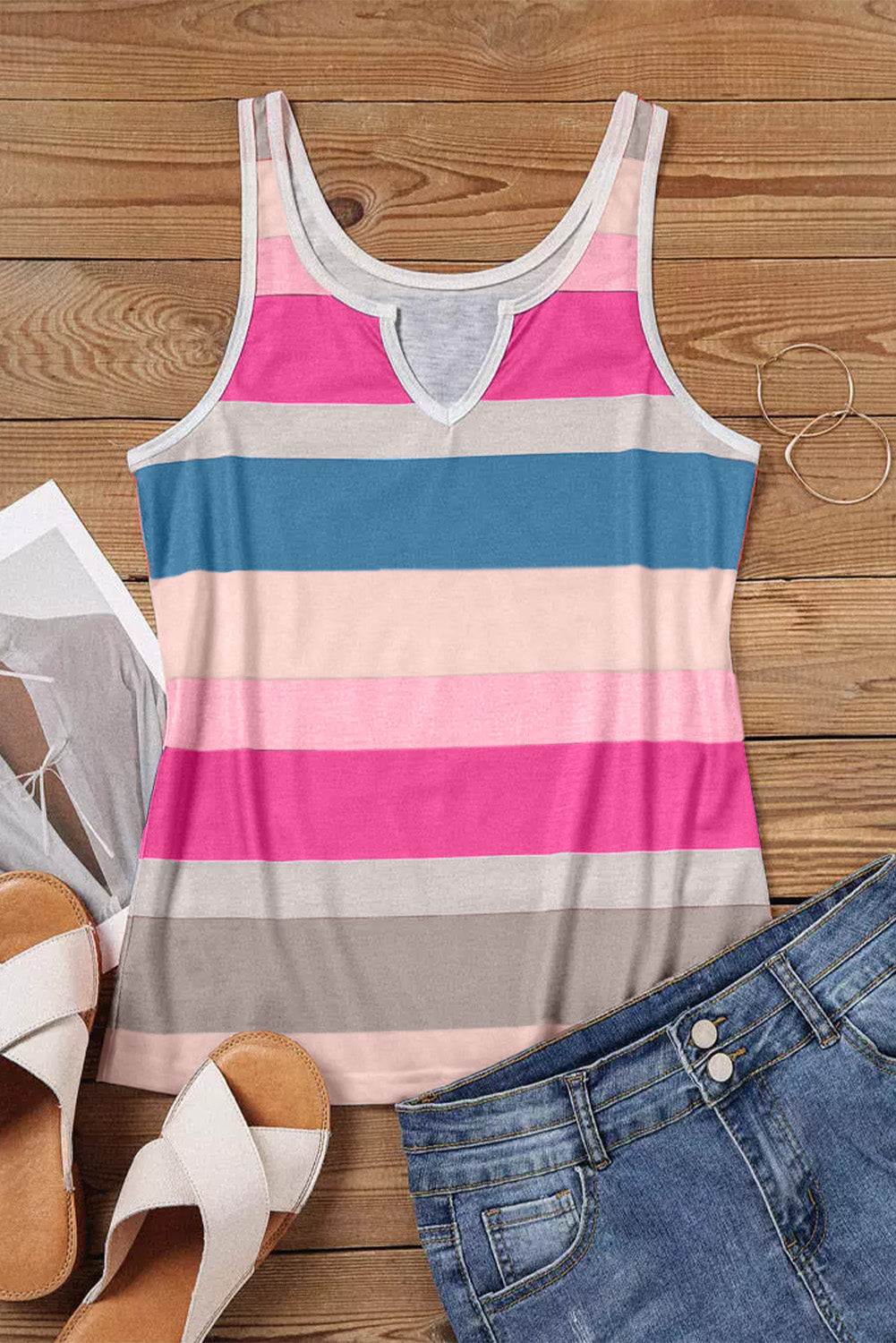 Multicolor Striped Color Block Notched Neck Tank Top