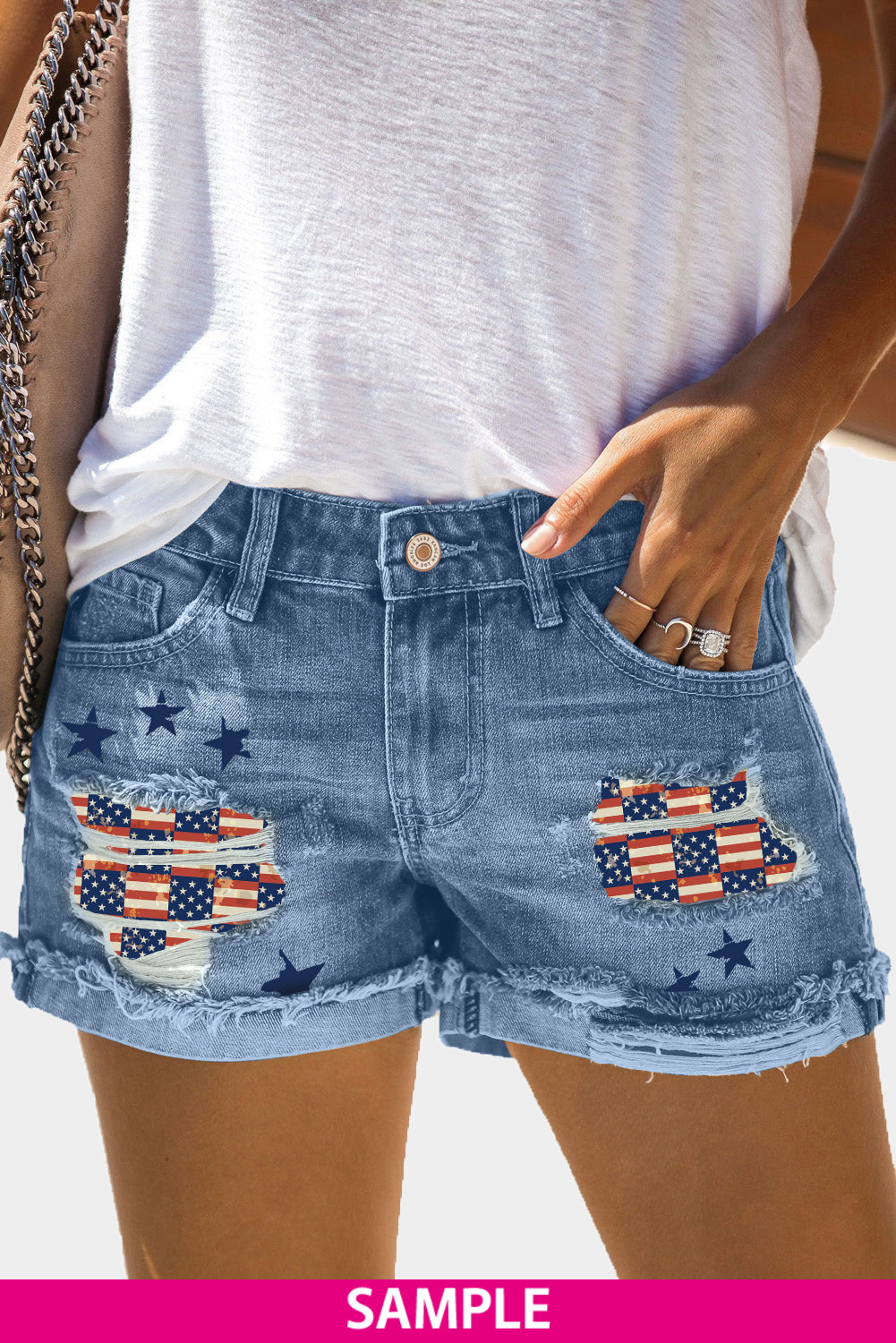 Distressed Ripped Rolled Hem Sky Blue Denim Shorts