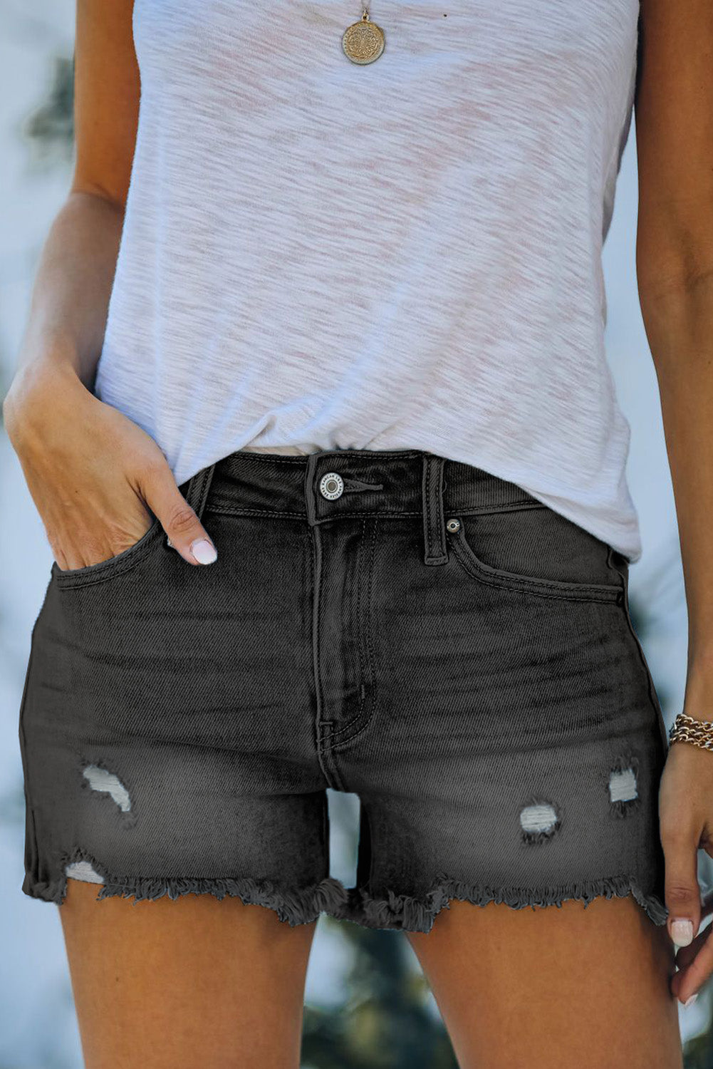 Distressed Ripped Denim Shorts with Pockets