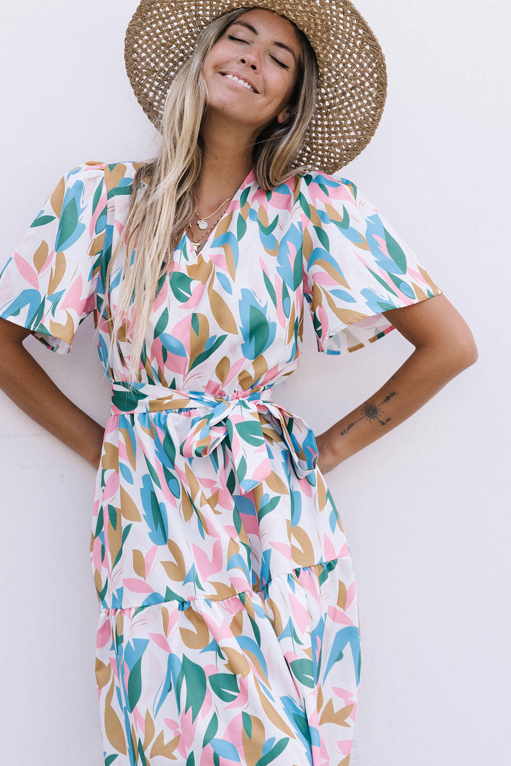 Multicolor V Neck Short Sleeves Boho Tropical Print Long Dress