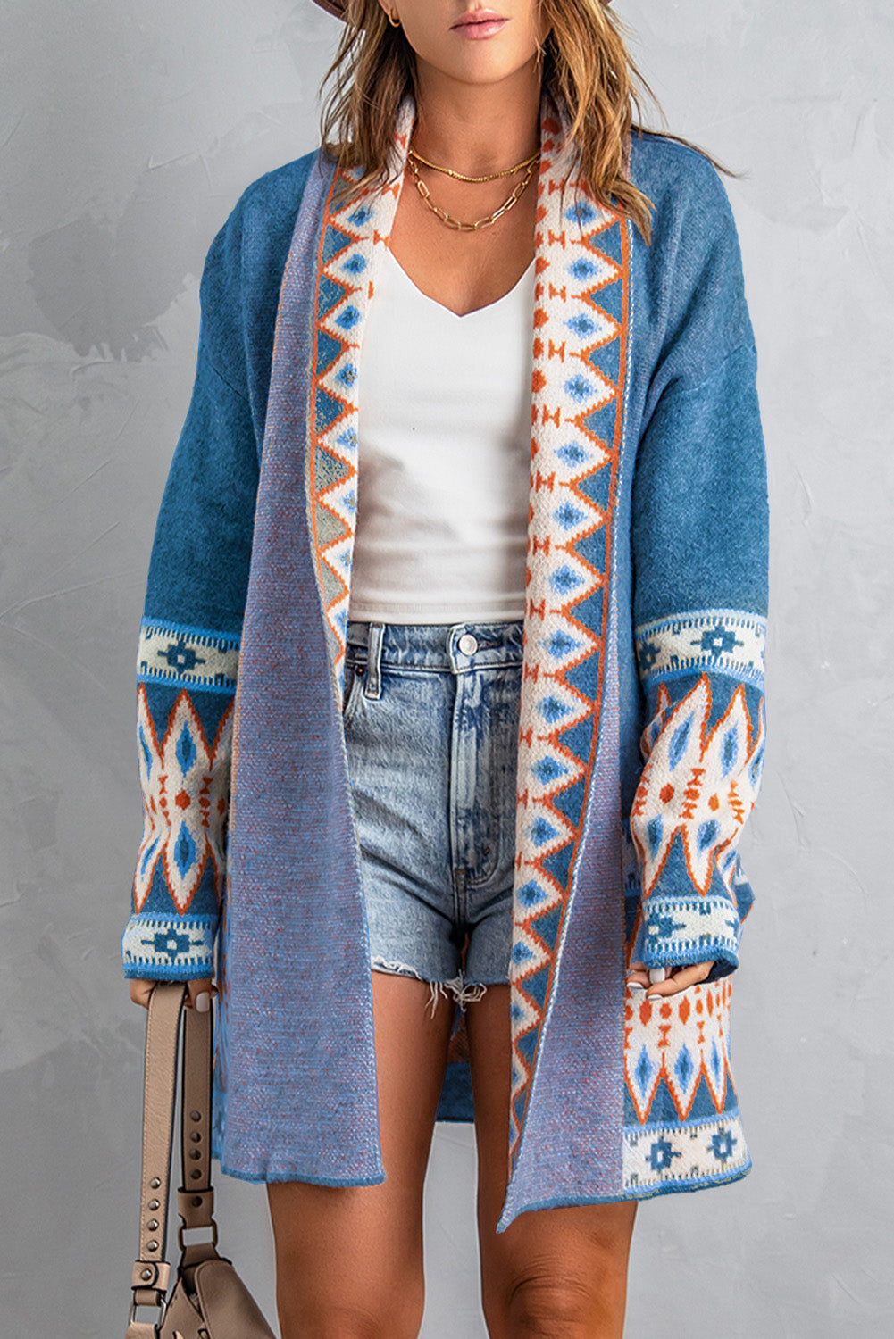 Green Aztec Print Open Front Knitted Cardigan