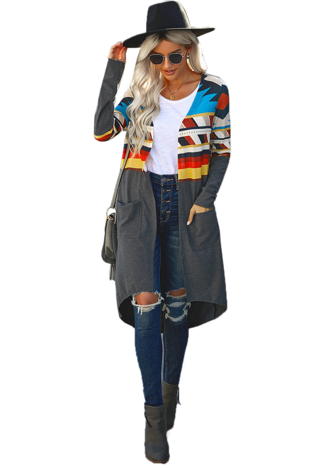 Tribal Printed Open Front Long Cardigan