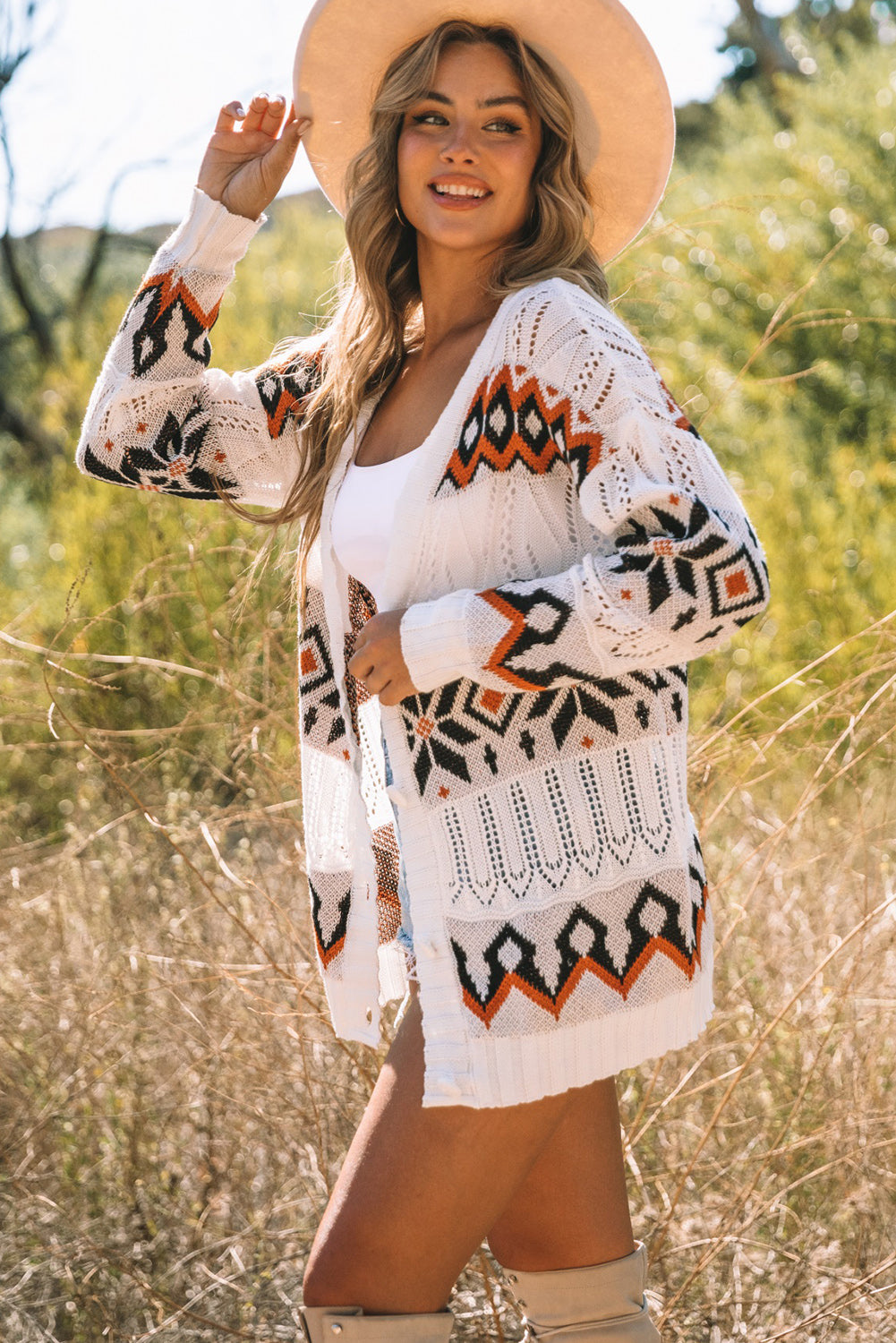 Tribal Pattern Hollowed Knit Long Cardigan