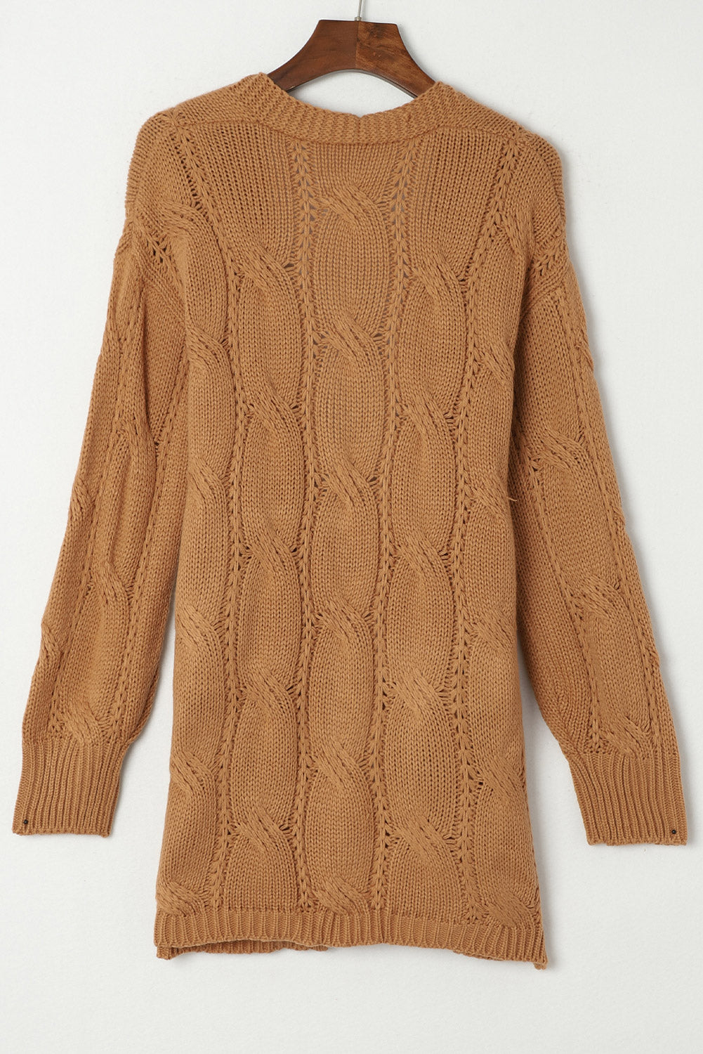 Ribbed Trim Eyelet Cable Knit Cardigan