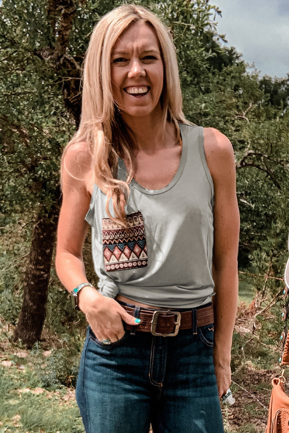 Ethnic Pattern Chest Pocket Casual Tank Top