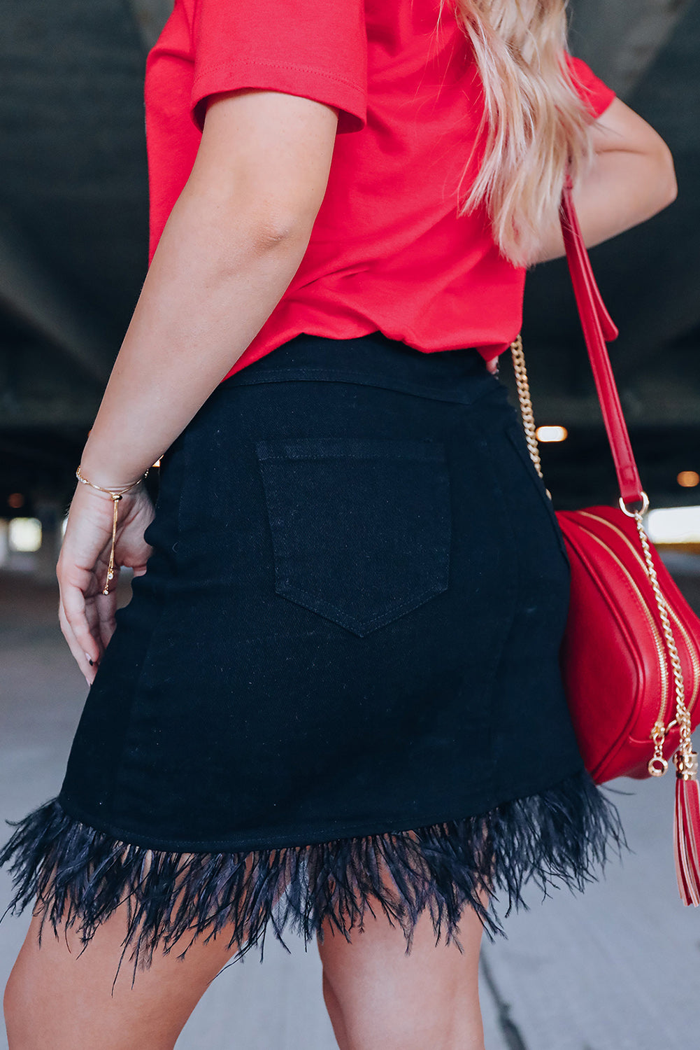 Feather Fringed Denim Skirt