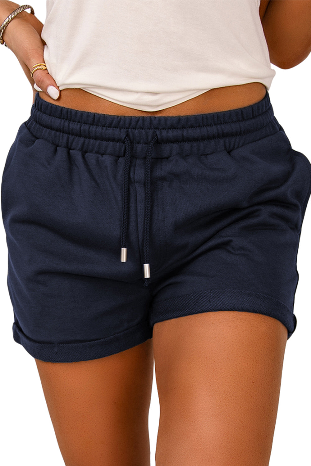 Tie Waist Side Pockets Cuffed Lounge Shorts