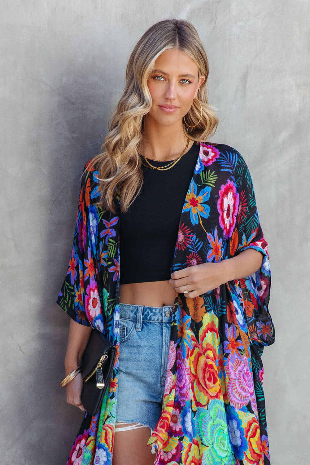 Multicolor Bohemian Floral Print Half Sleeve Open Front Kimono