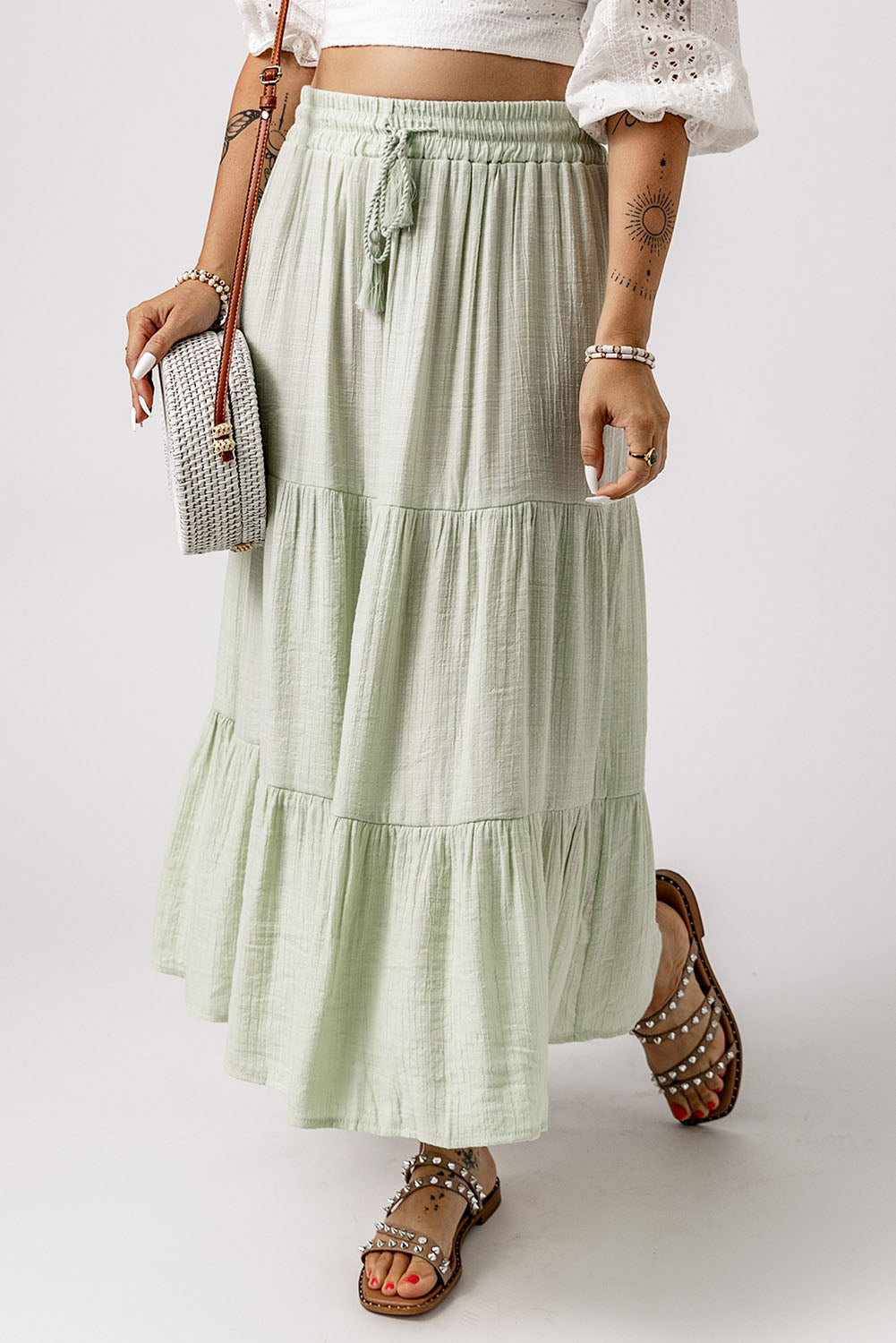 Drawstring High Waist Tiered Long Skirt
