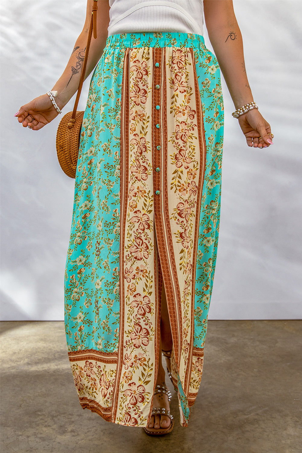Boho Contrast Color Floral Print Button Slit Maxi Skirt