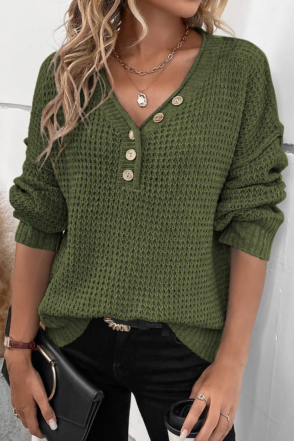 Coffee Pointelle Knit Button V Neck Drop Shoulder Sweater