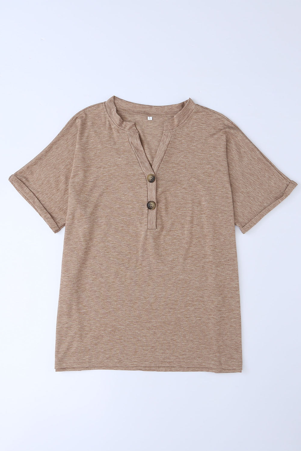 Button V Neck Rolled Short Sleeve T Shirt