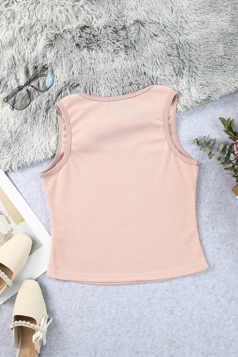 Pink Plain Waffle Knit U Neck Tank Top
