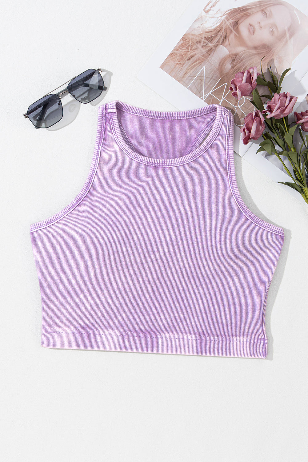 Pink Ribbed Mineral Wash Racerback Cropped Tank Top