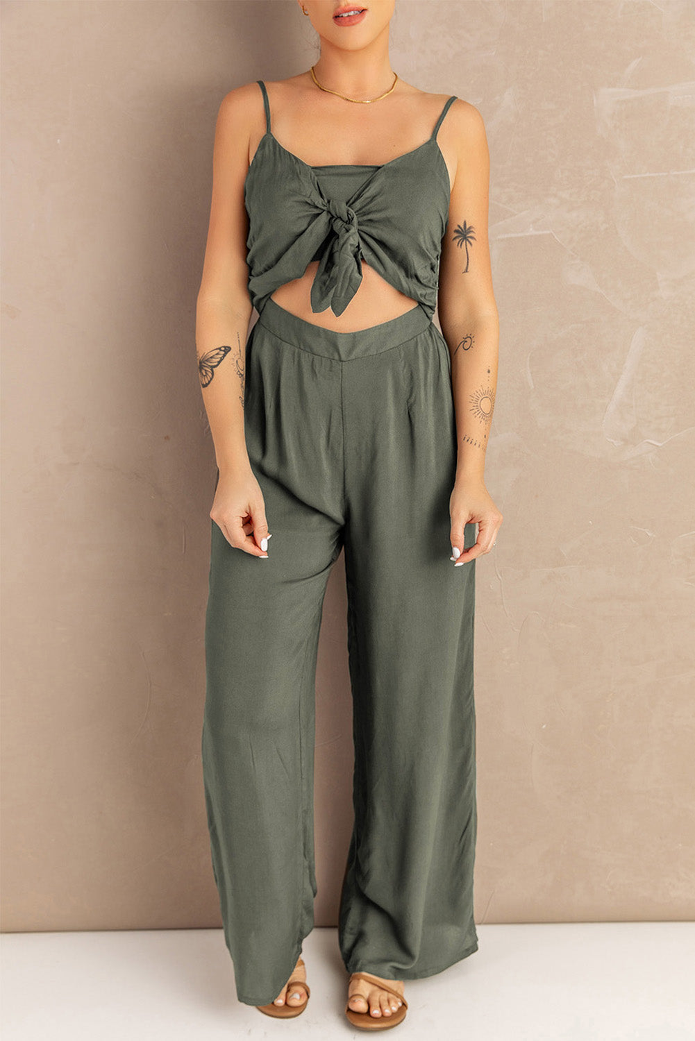 Knotted Hollow-out Front Sleeveless Wide Leg Jumpsuit