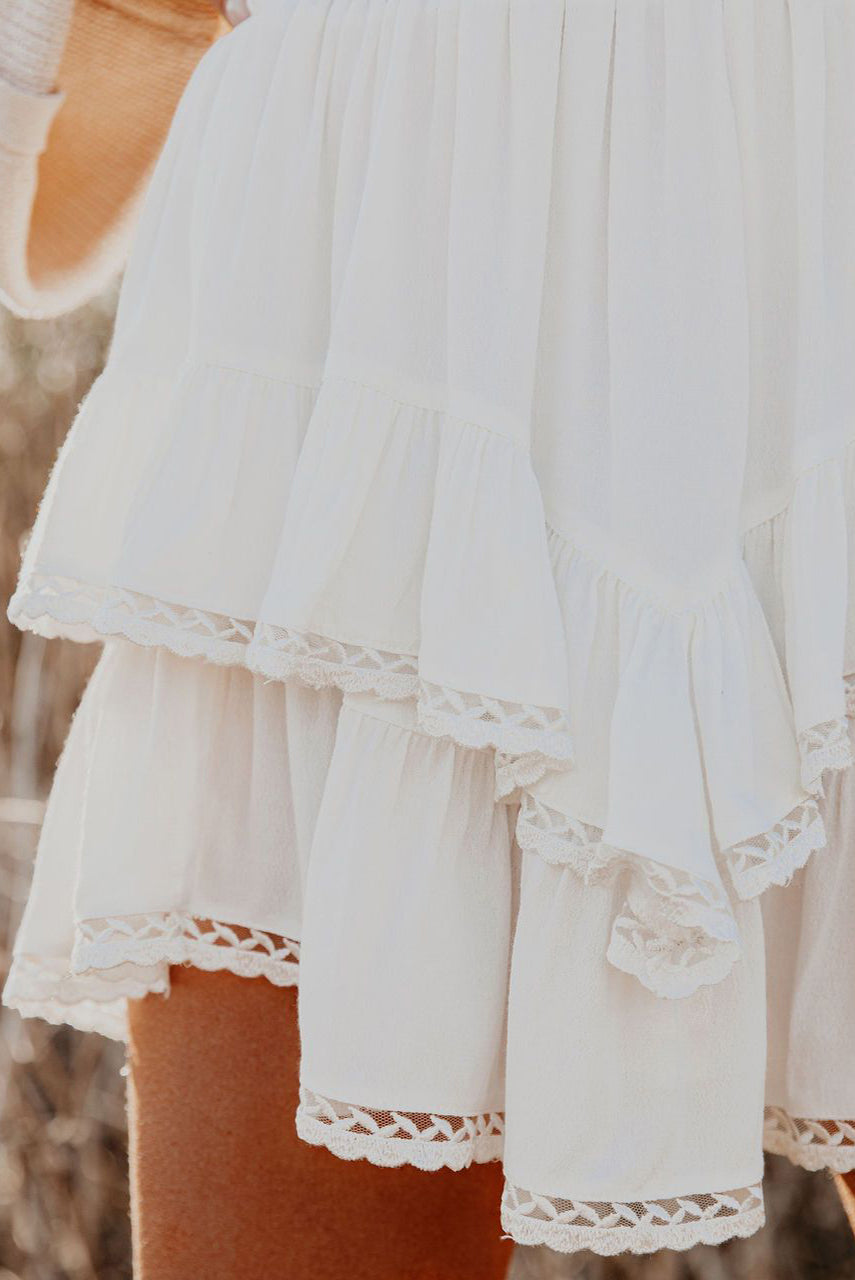 Solid Color High Waist Tiered Crochet Ruffle Mini Skirt