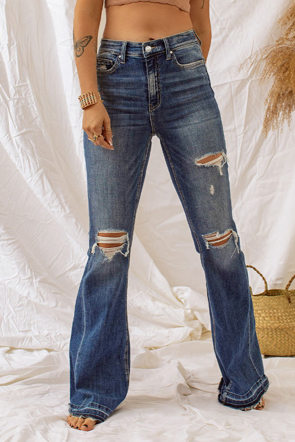 High Waist Slit Leg Distressed Wide Leg Jeans