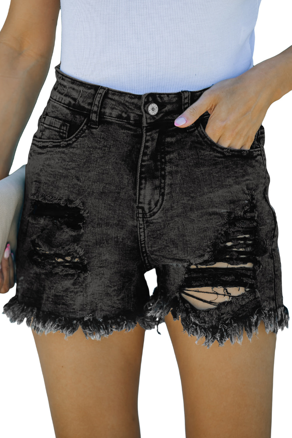Frayed Hem Mid Waist Denim Shorts
