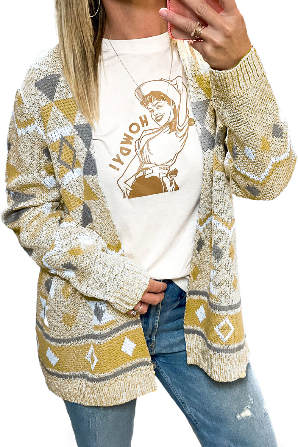 Geometric Print Open Front Knitted Cardigan