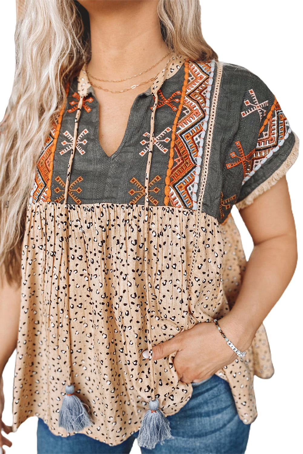 Khaki Geometric Leopard Patchwork Short Sleeve Top