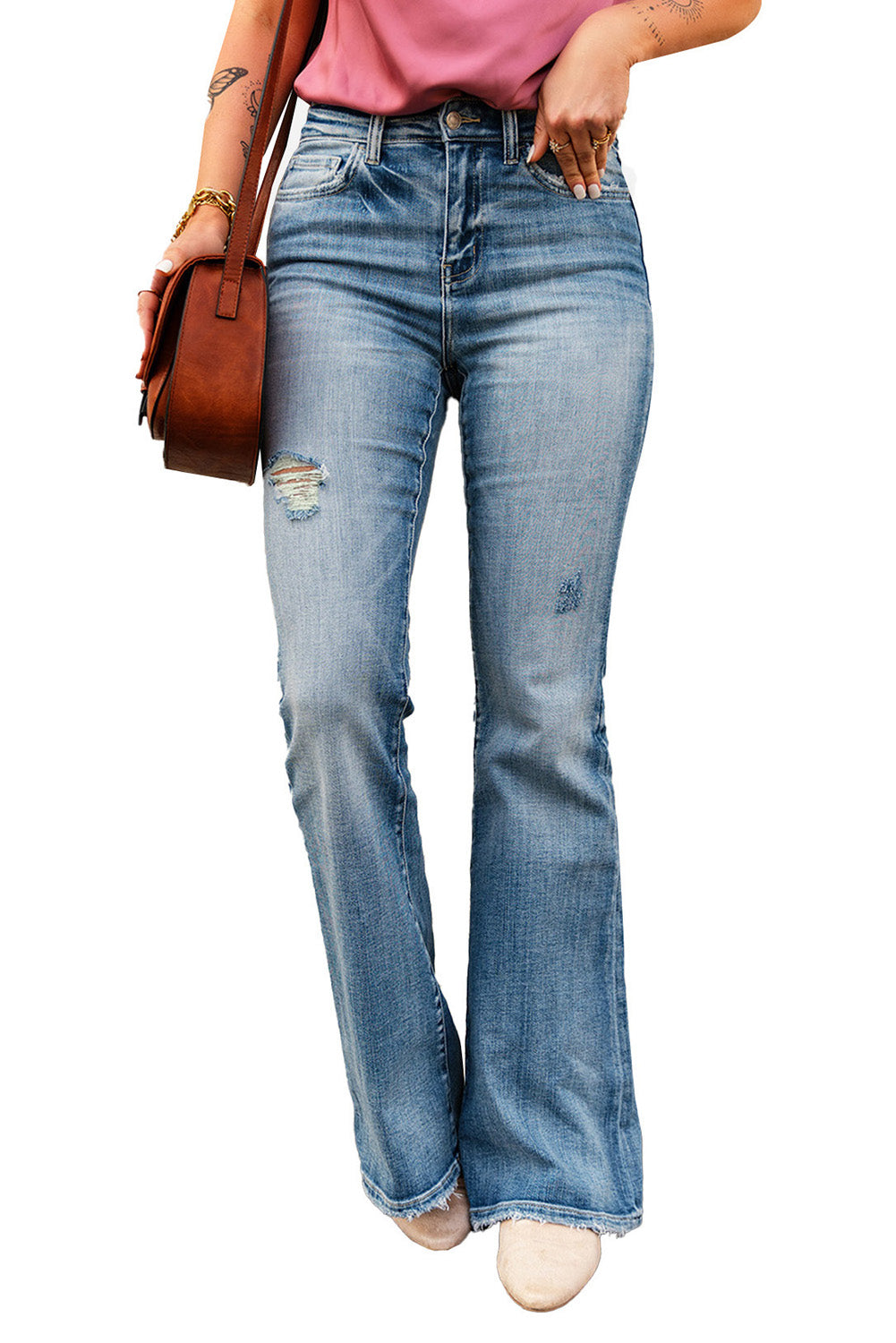 High Waist Ripped Raw Hemline Flare Jeans