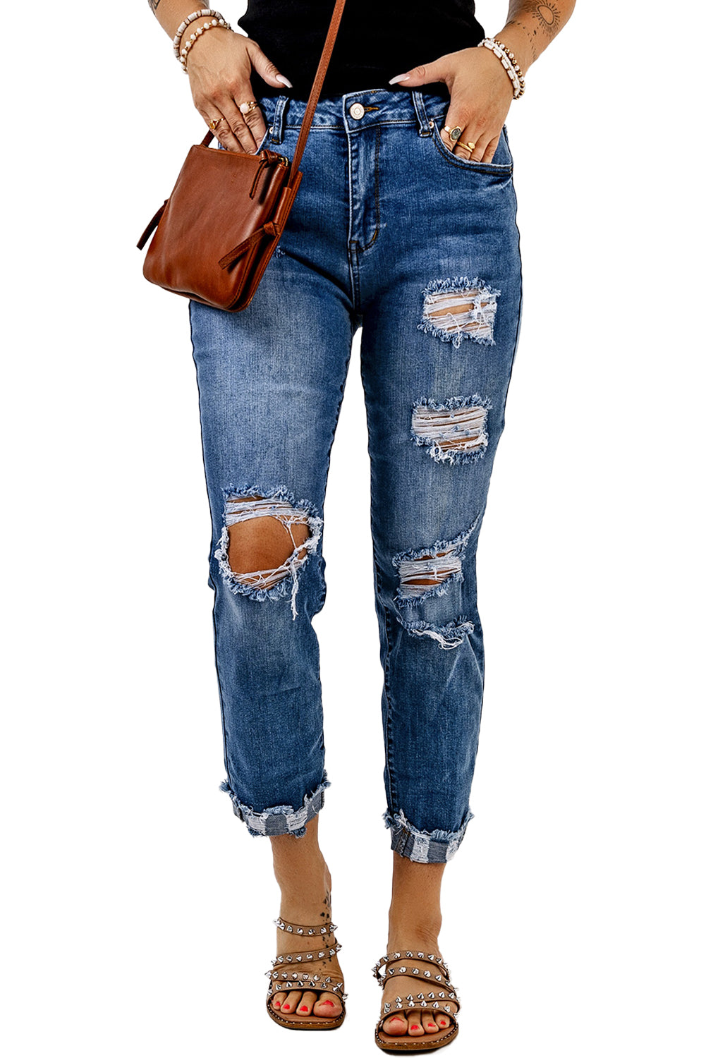 Distressed Straight Leg High Waist Jeans
