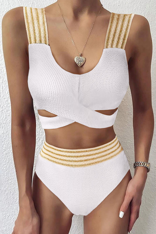 Textured Criss Cross Knotted High Waist Bikini Set