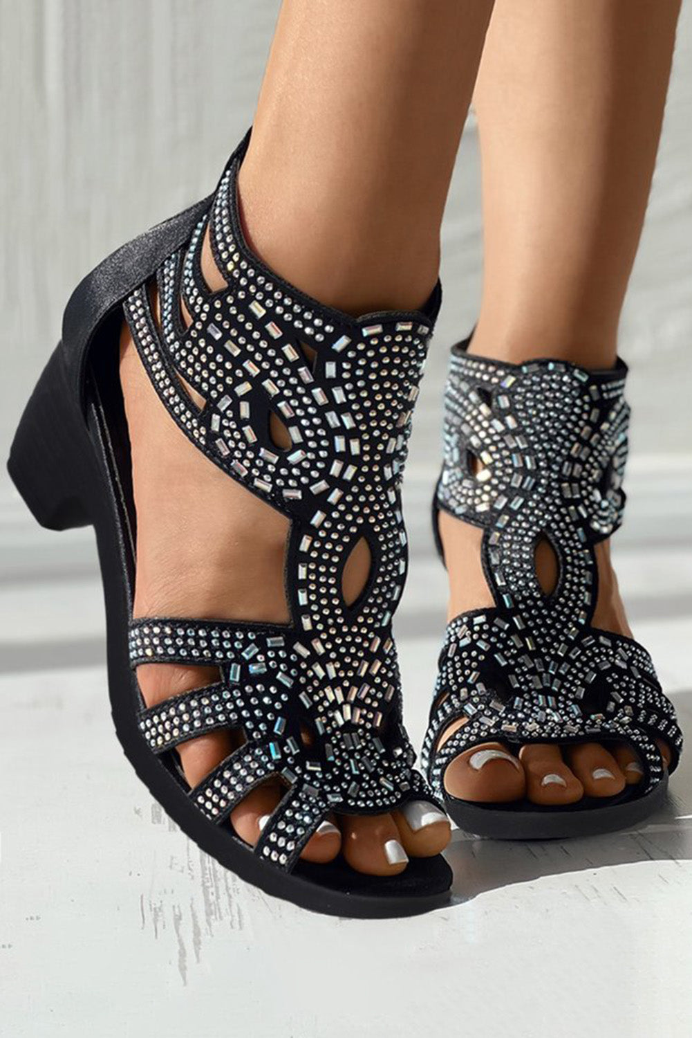 Rhinestone Hollowed Thick Heel Gladiator Sandals