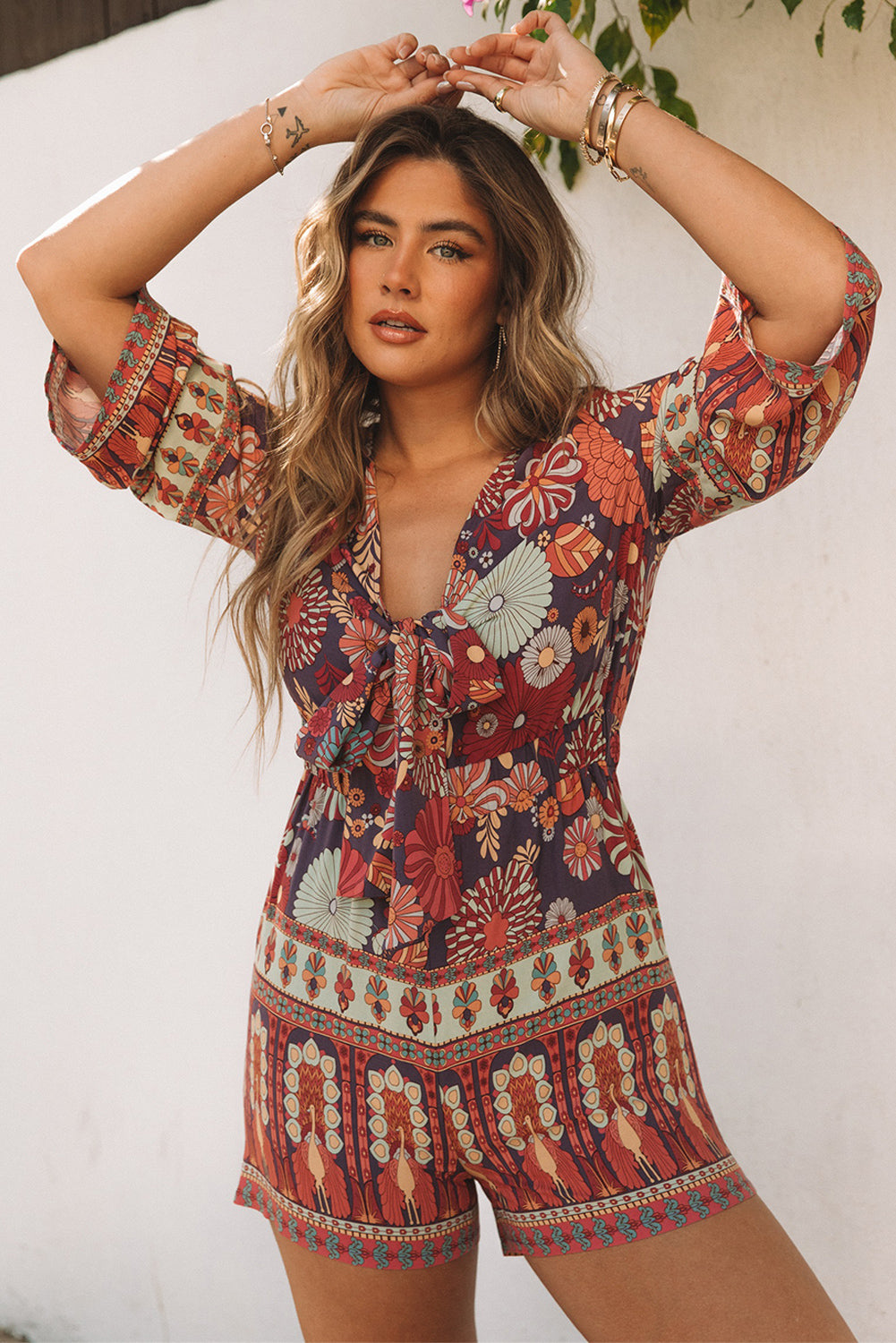 Vintage Printed 3/4 Sleeves V Neck Romper