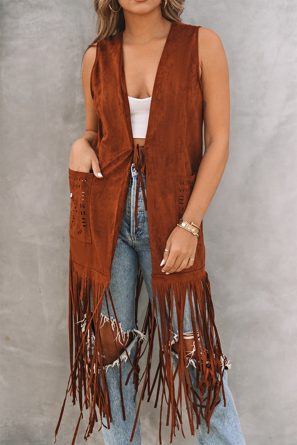 Faux Suede Cowgirl Fringed Sleeveless Long Cardigan