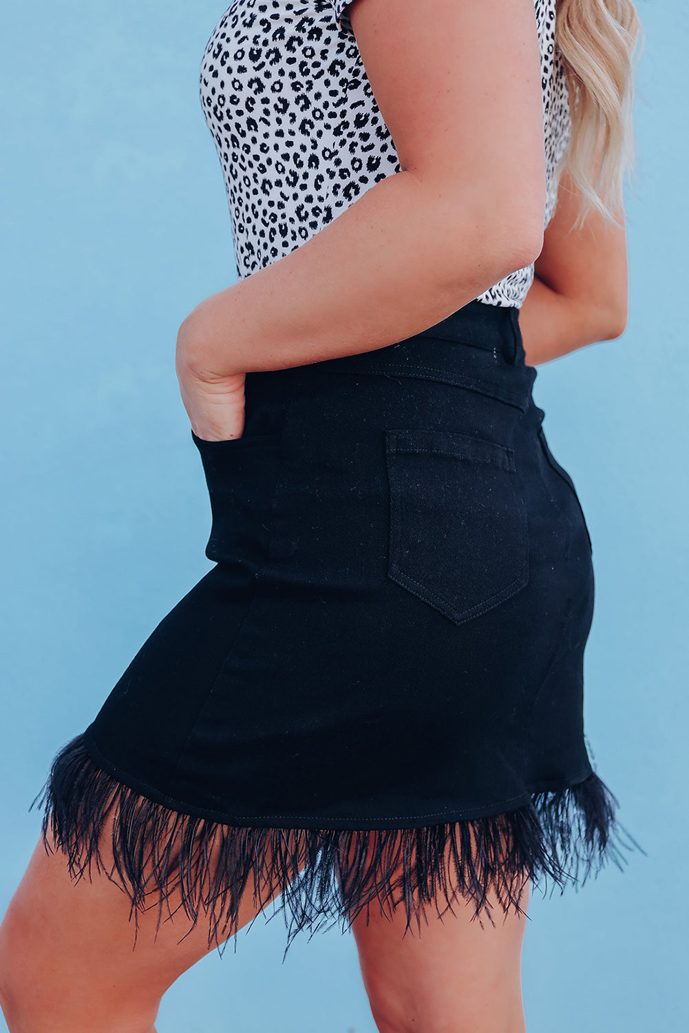 Feather Fringed Denim Skirt