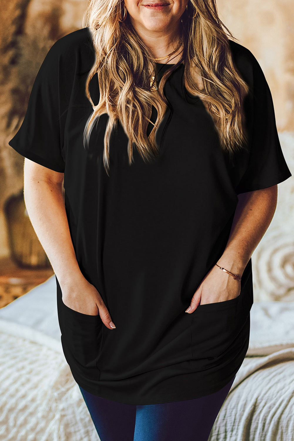 Side Pockets Short Sleeve Tunic Top