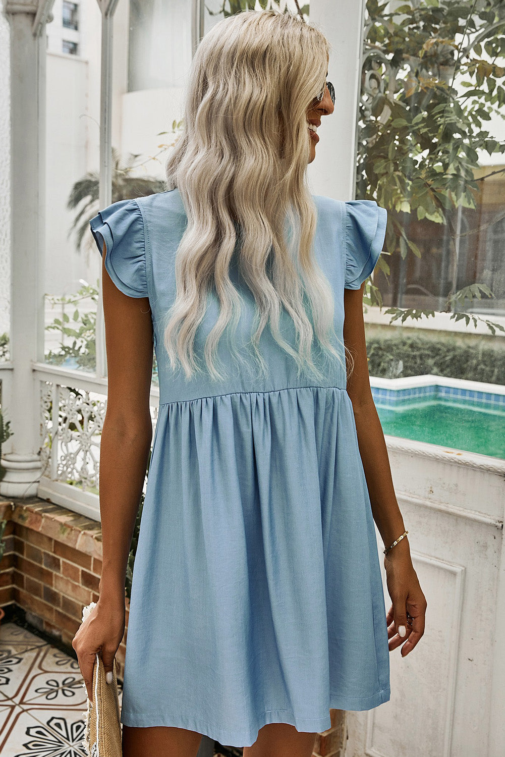 Flutter Sleeve Ruched Denim Casual Dress