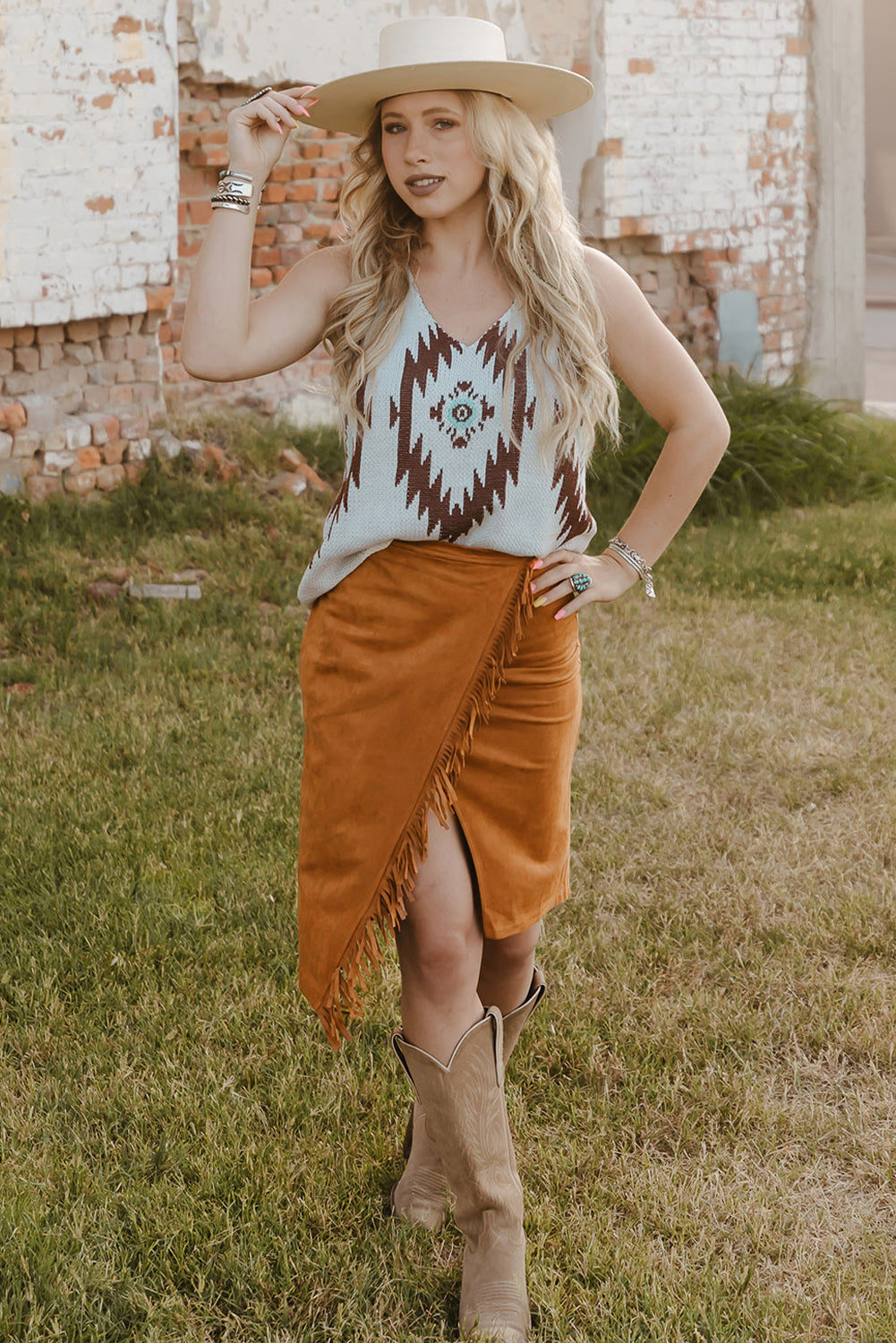 Fringed Wrap Western Midi Skirt