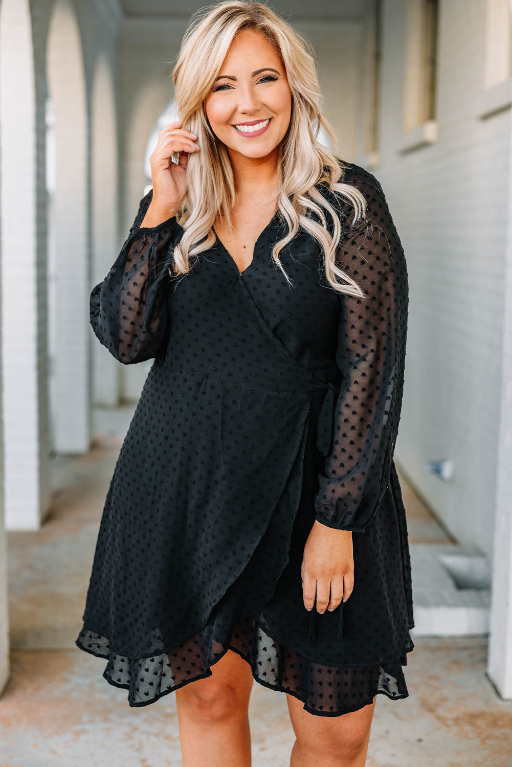 Plus Size Swiss Dot V Neck Wrap Long Sleeve Dress